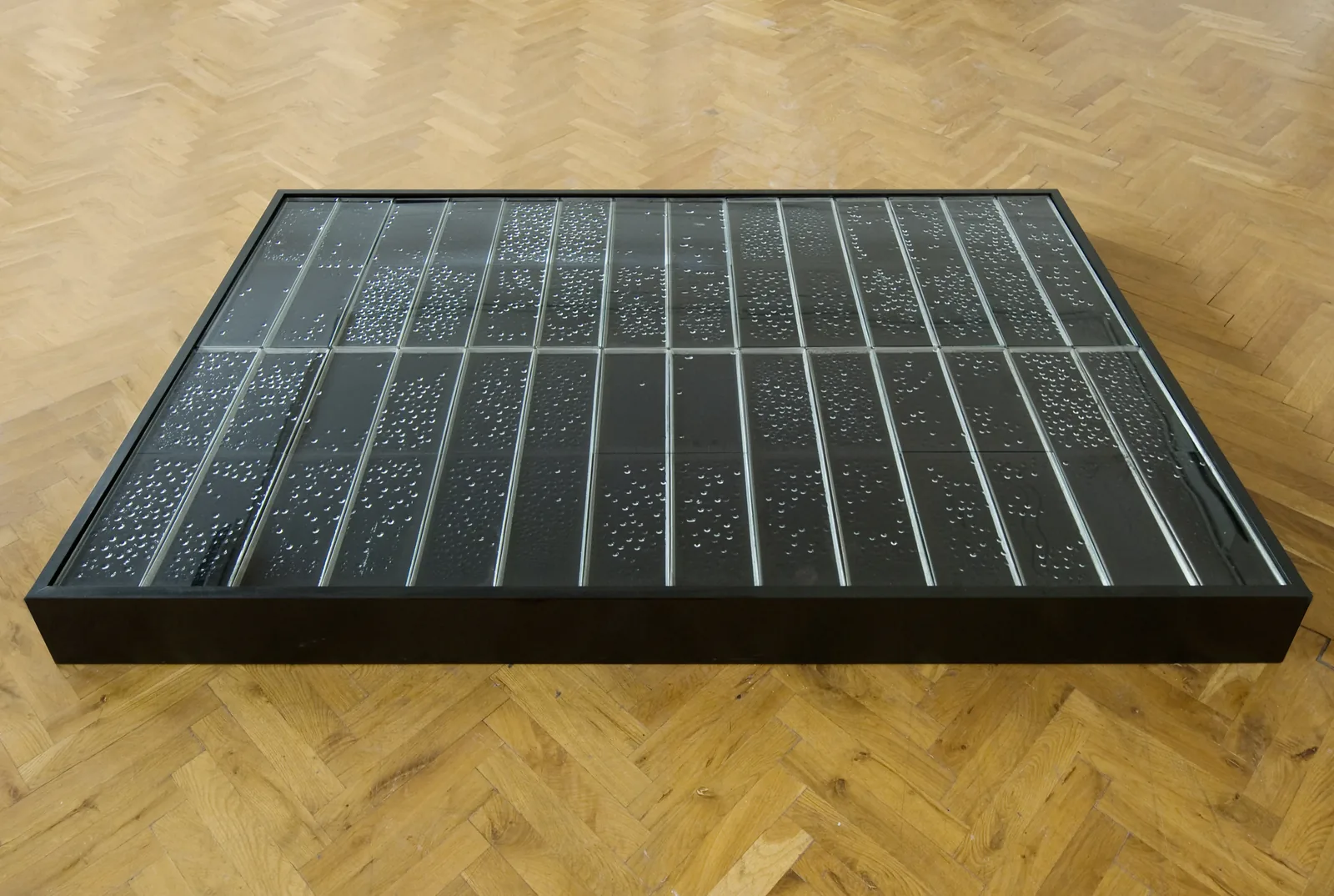 Kondensat I — Bodeninstallation aus Zinkwannen, Glas und Tuschewasser; an den Glasscheiben hat sich der Dampf zu Kondenstropfen niedergeschlagen, Ausstellungsansicht Kunsthaus Dresden 2013