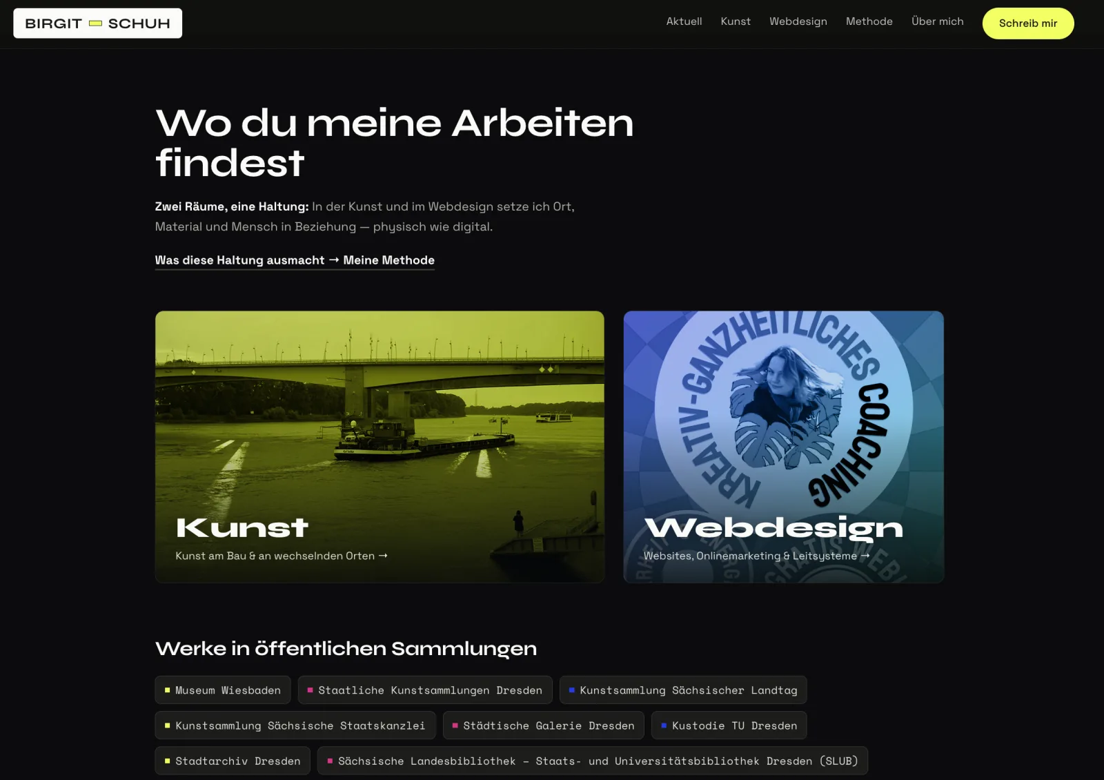 Startseiten-Abschnitt „Wo du meine Arbeiten findest“ mit zwei Bereichs-Türen im Duoton — Kunst in Gelb, Webdesign in Blau