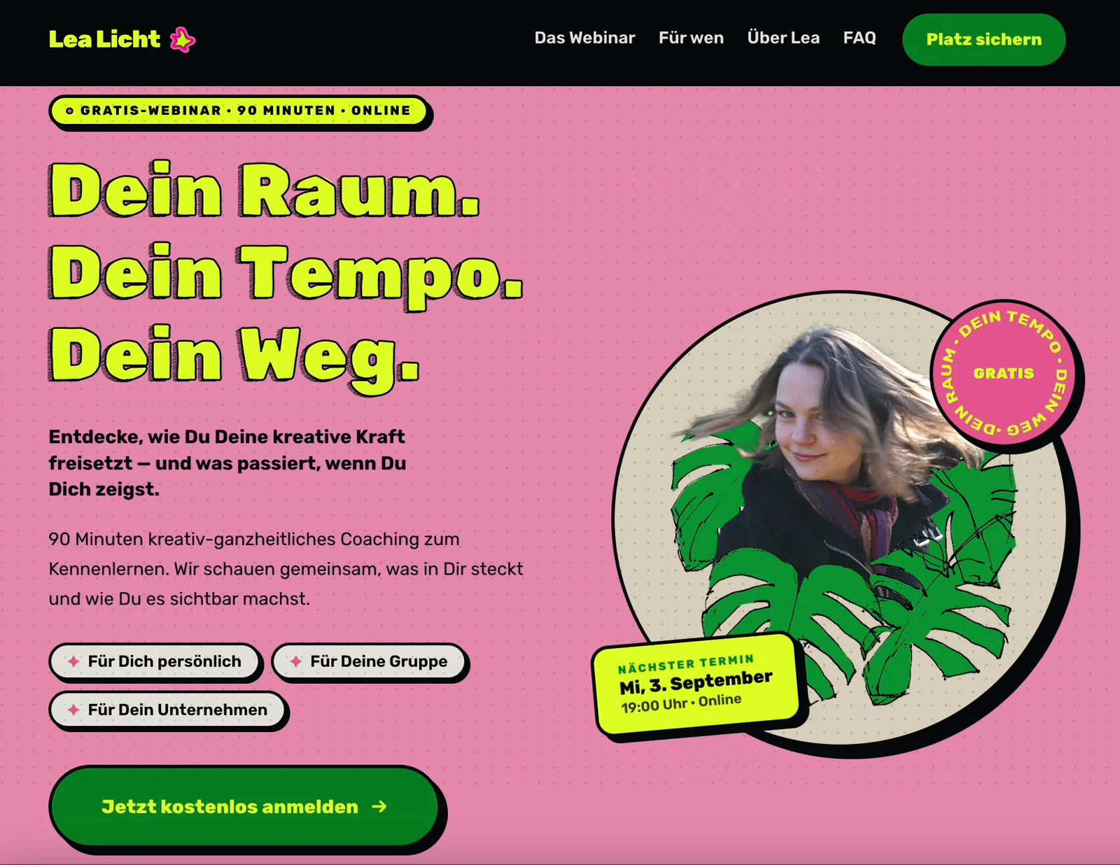 Landingpage von Lea Licht zum Gratis-Webinar — Headline „Dein Raum. Dein Tempo. Dein Weg.