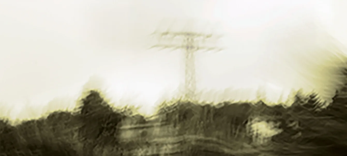RAUSCHEN — Detail der Panoramaansicht: verwischte Landschaft mit Strommast entlang der Windbergbahn