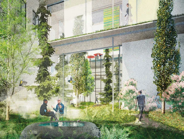 SPIEGELFALTUNG — Visualisierung des begrünten Innenhofs mit gespiegelter Fassade, BMAS Berlin